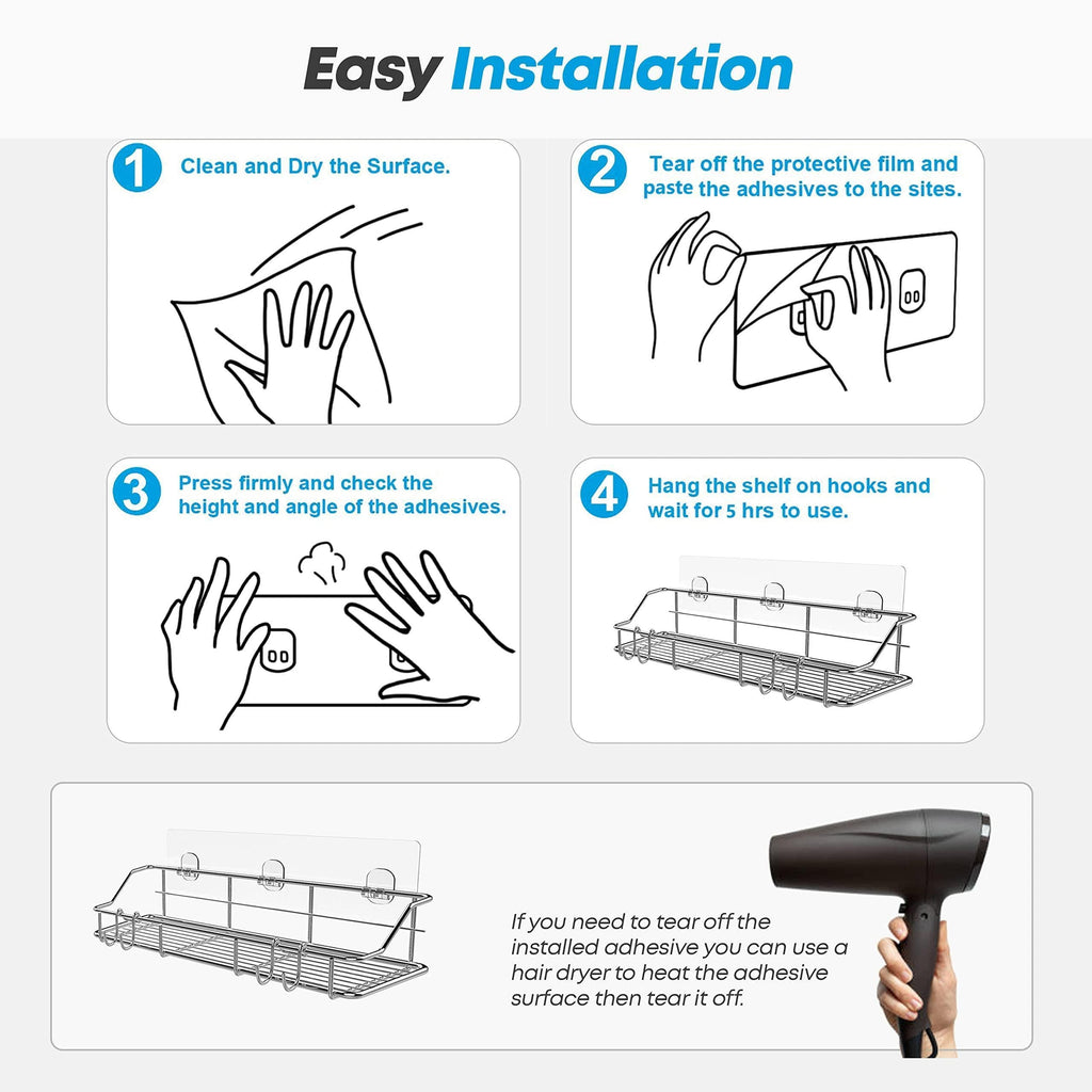 2 Pack Silver Adhesive Shower Caddy Shower Shelf Organizer for Bathroom Organization with Hooks SUS304 Stainless Steel