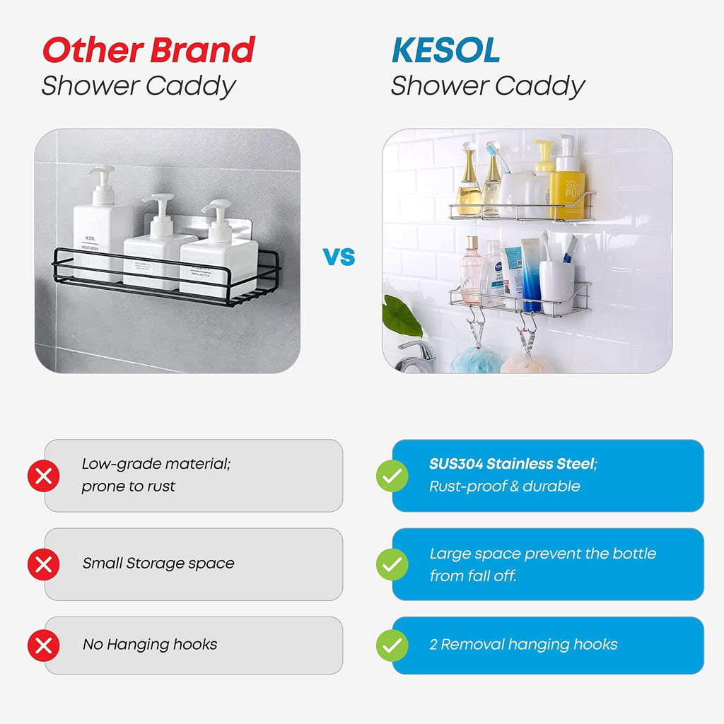 2 Pack Silver Adhesive Shower Caddy Shower Shelf Organizer for Bathroom Organization with Hooks SUS304 Stainless Steel