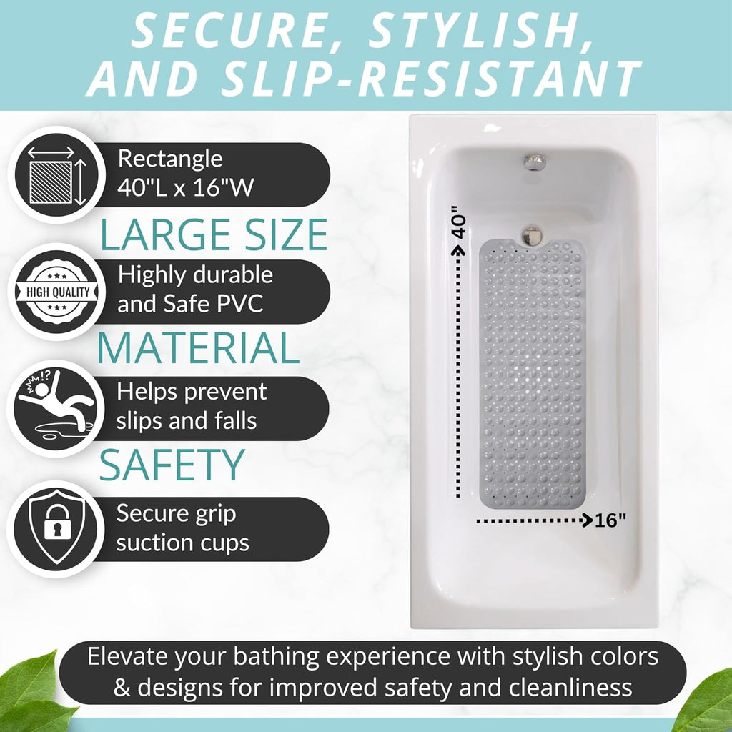 Large Non Slip Bathtub & Shower Mat - Extra Long 40 X 16 Inch, anti Slip Bathmats for Bathroom Tub (40X16 Grey 1-Pack)