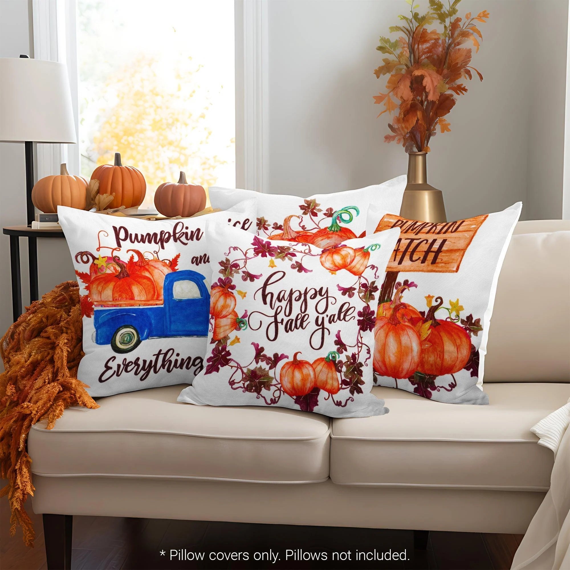 Fall Decoration Pumpkin Wagon Tractor Waterproof Throw Pillow Covers 18 X 18 in Set of 4, Beautiful Cushion Covers for Autumn Sofa Couch Decoration