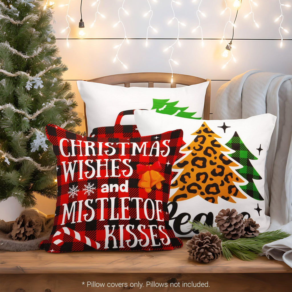 G128 Christmas Decoration Farmhouse Pine Spruce Waterproof Throw Pillow Covers 18 X 18 in Set of 4, Beautiful Cushion Covers for Christmas Sofa Couch Decoration