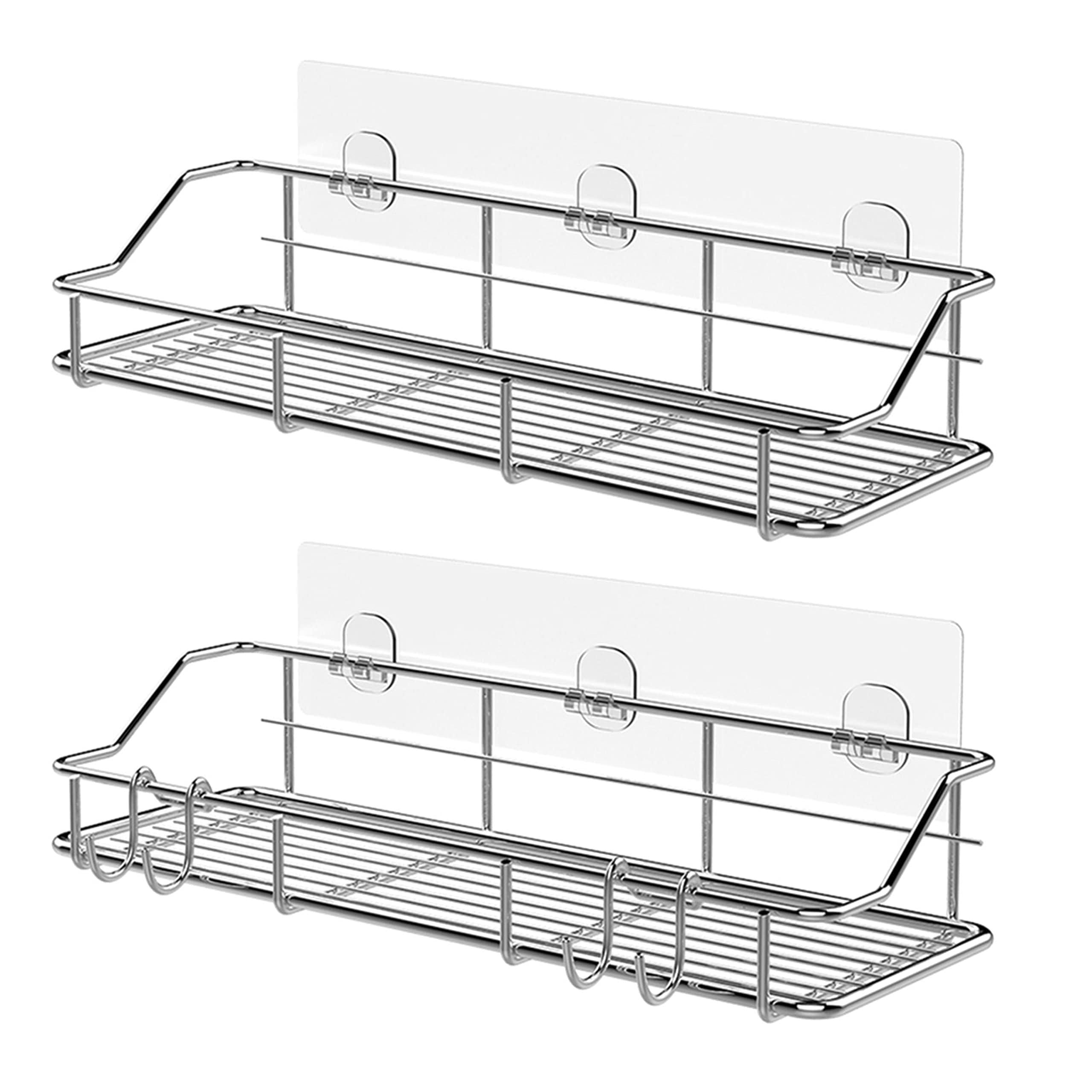 2 Pack Silver Adhesive Shower Caddy Shower Shelf Organizer for Bathroom Organization with Hooks SUS304 Stainless Steel