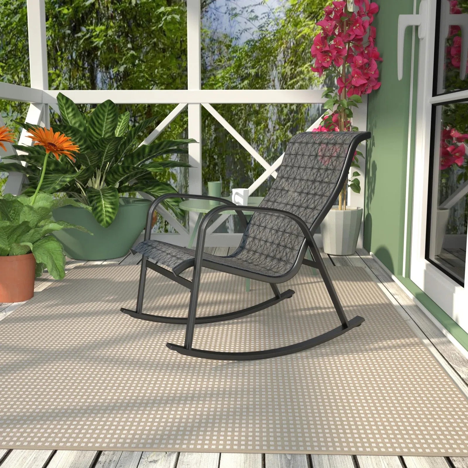 Mesh Sling Rocking Chair,Outdoor E-Coated Steel Rocker Seating Furniture for Front Porch Garden Patio Backyard