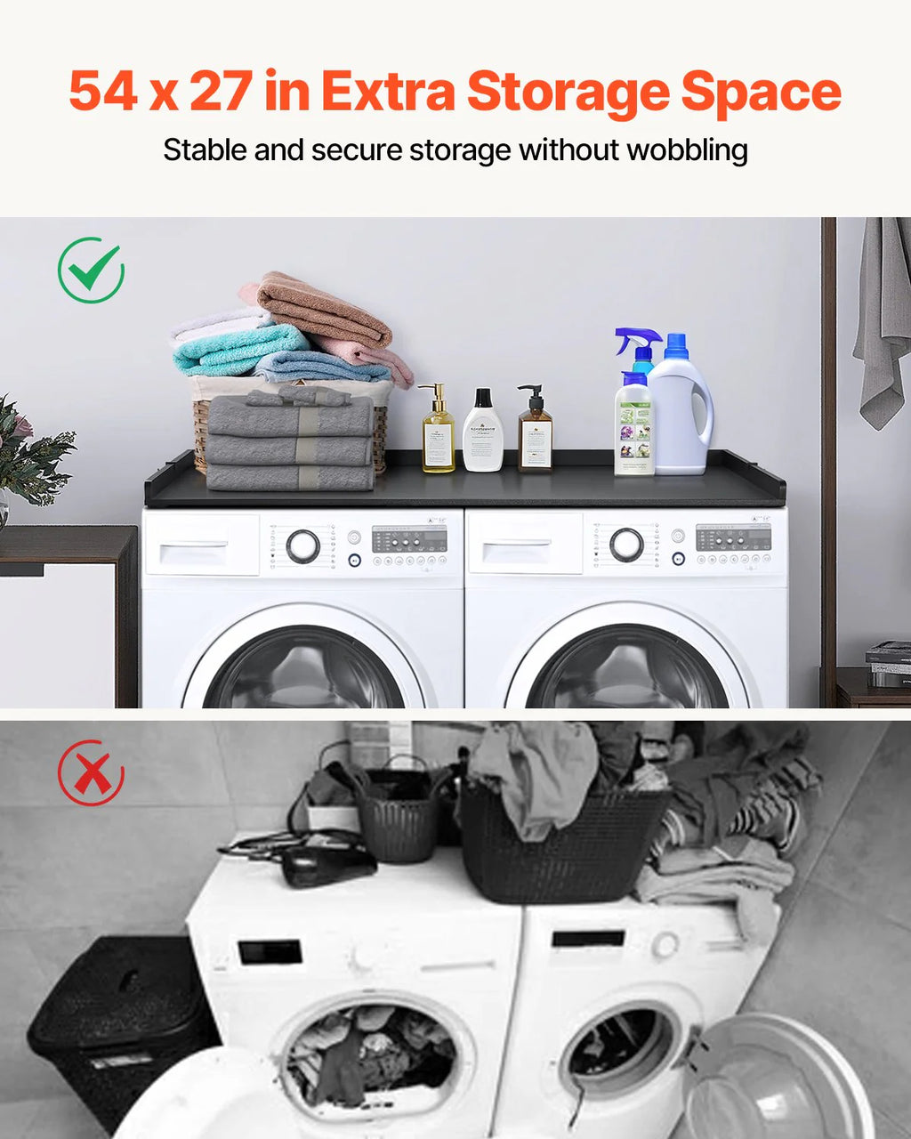 Washer Dryer Countertop, 27.5 Depth X 54 Width, Washer Dryer Wood Top for Laundry Room Organization with Edge Rails(Black)