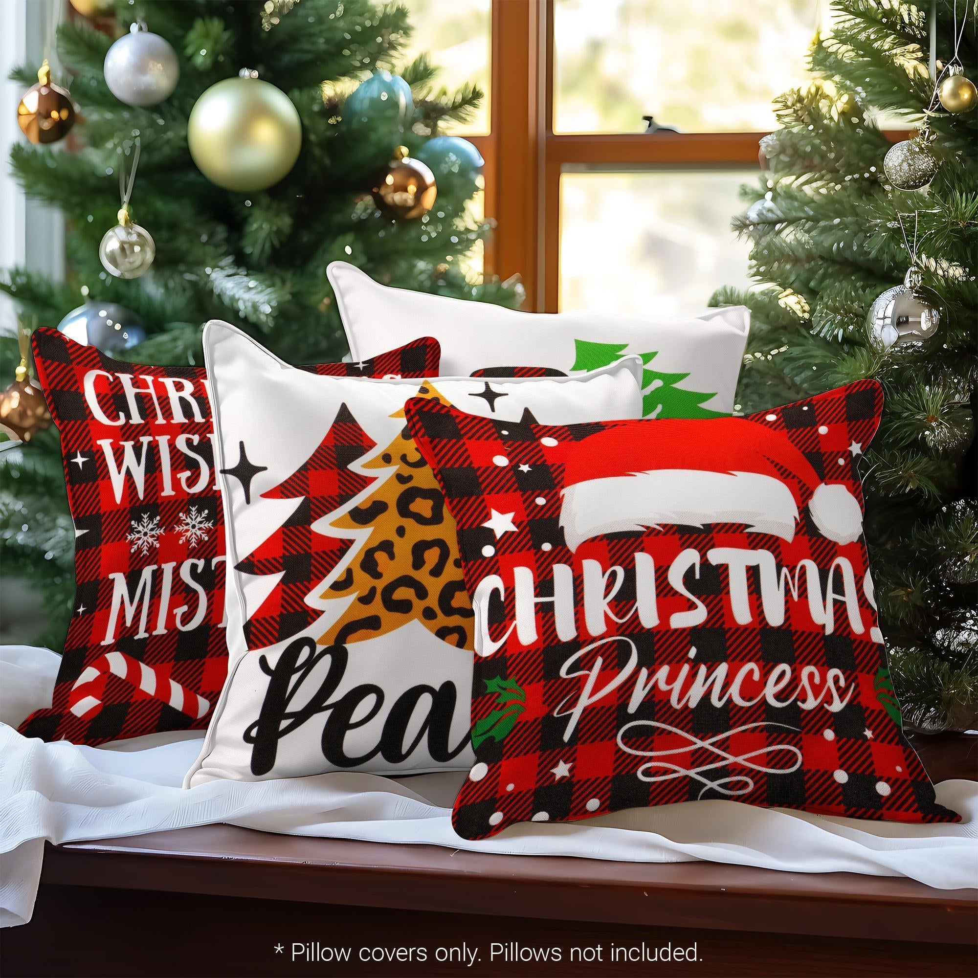 G128 Christmas Decoration Farmhouse Pine Spruce Waterproof Throw Pillow Covers 18 X 18 in Set of 4, Beautiful Cushion Covers for Christmas Sofa Couch Decoration