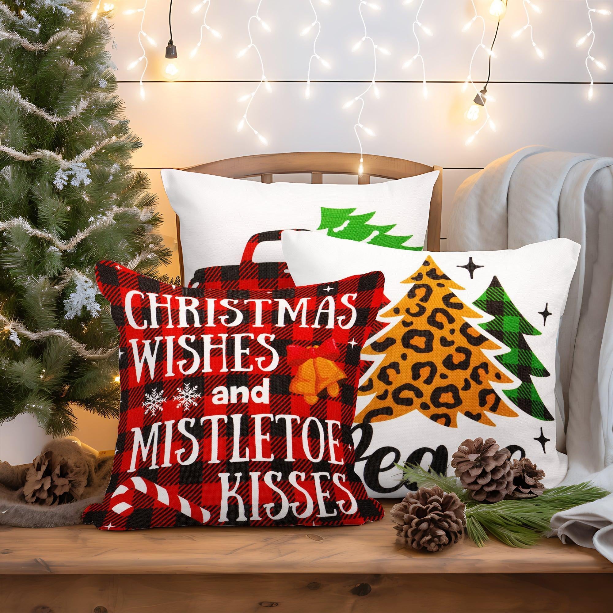 Christmas Decoration Farmhouse Pine Spruce Waterproof Throw Pillow 18 X 18 in Set of 4, Beautiful Cushion Covers for Christmas Sofa Couch Decoration, Pillow Insert Included