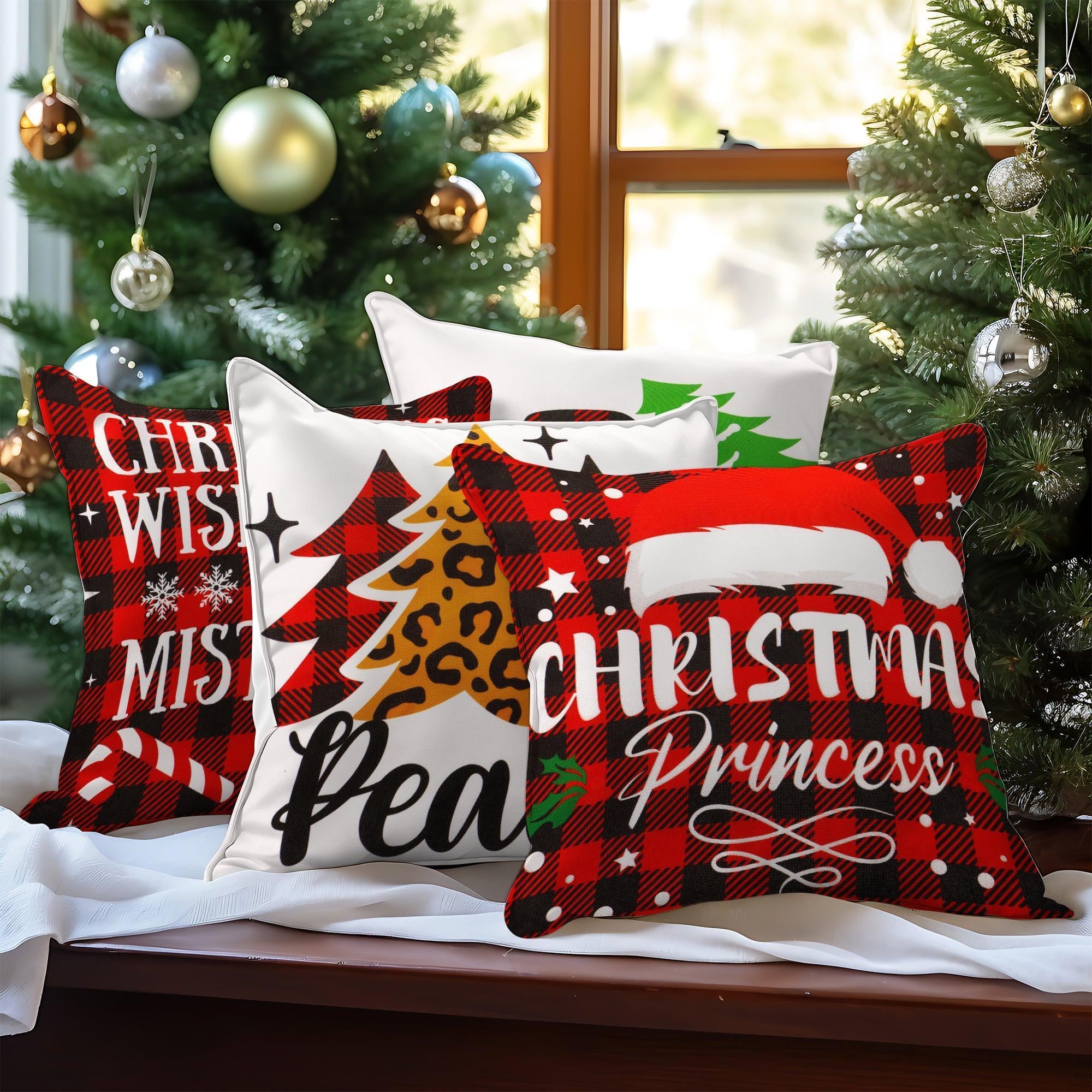 Christmas Decoration Farmhouse Pine Spruce Waterproof Throw Pillow 18 X 18 in Set of 4, Beautiful Cushion Covers for Christmas Sofa Couch Decoration, Pillow Insert Included
