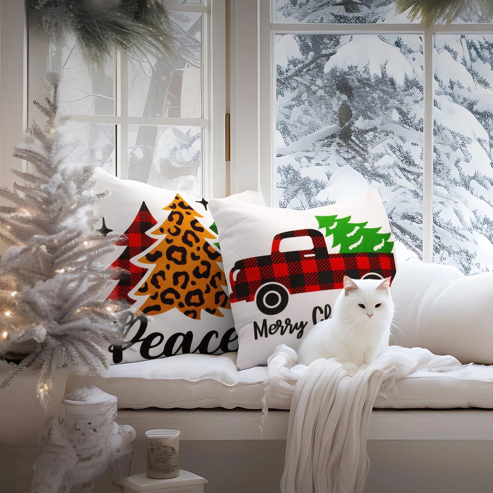 Christmas Decoration Farmhouse Pine Spruce Waterproof Throw Pillow 18 X 18 in Set of 4, Beautiful Cushion Covers for Christmas Sofa Couch Decoration, Pillow Insert Included